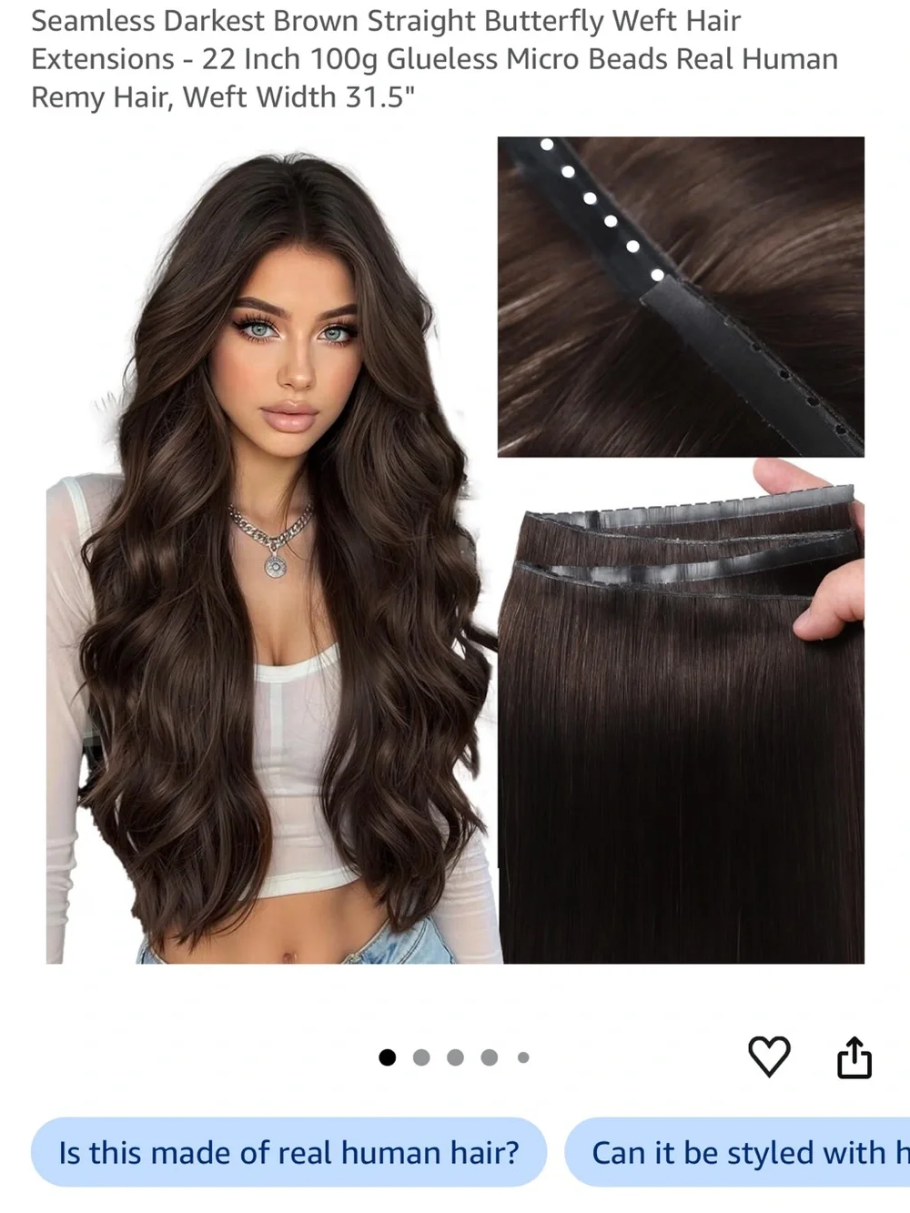 Darkest Brown Seamless Straight Butterfly Weft Hair Extensions - Dark Brown 22in